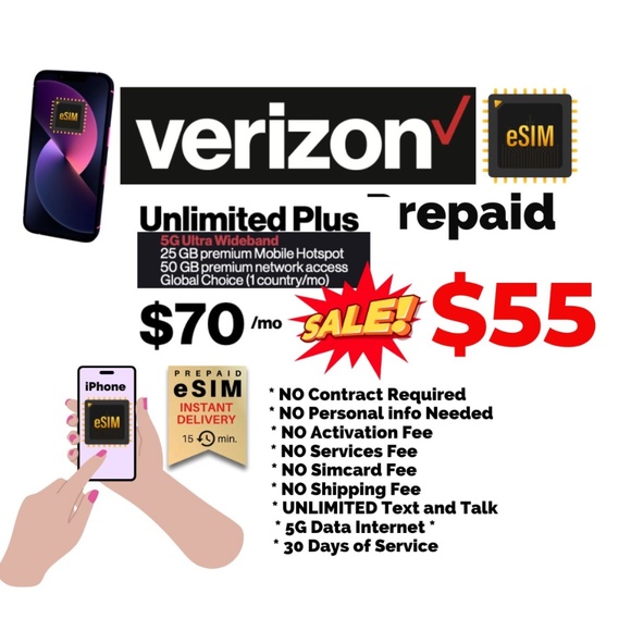 Verizon 5G $70 Unlimited Plan with eSim iPhone instant Activation or Simcard - Picture 1 of 2